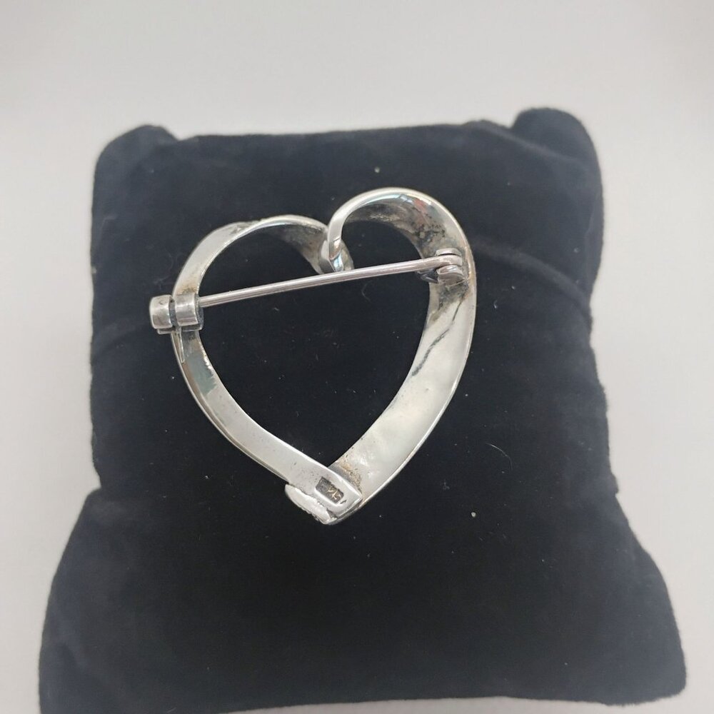 Vintage 925 Sterling Silver & Marcasite Open Heart Brooch Pin - Picture 5 of 6